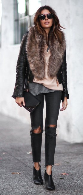 faux fur coat and skinny jeans