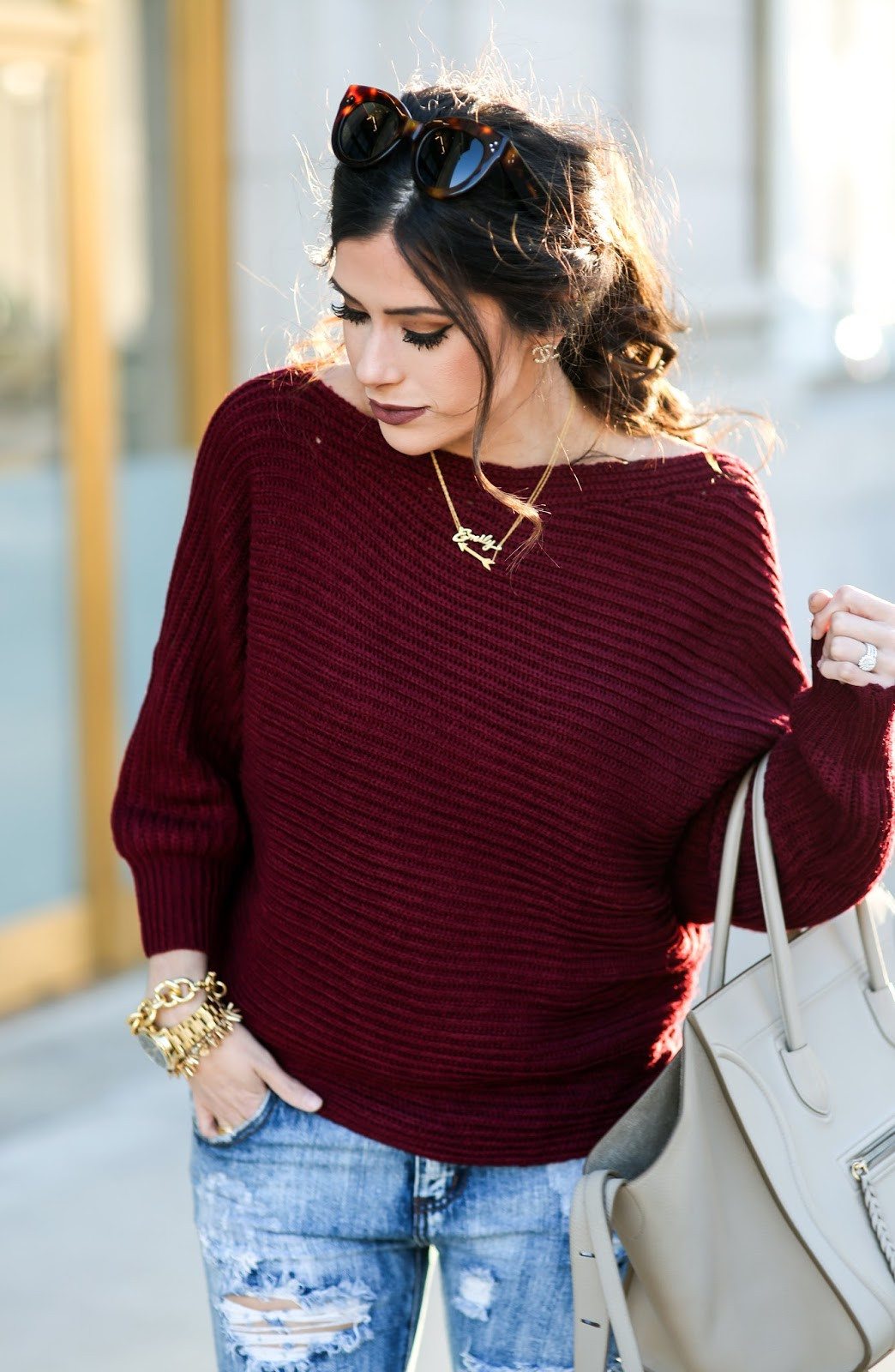 red slouchy sweater