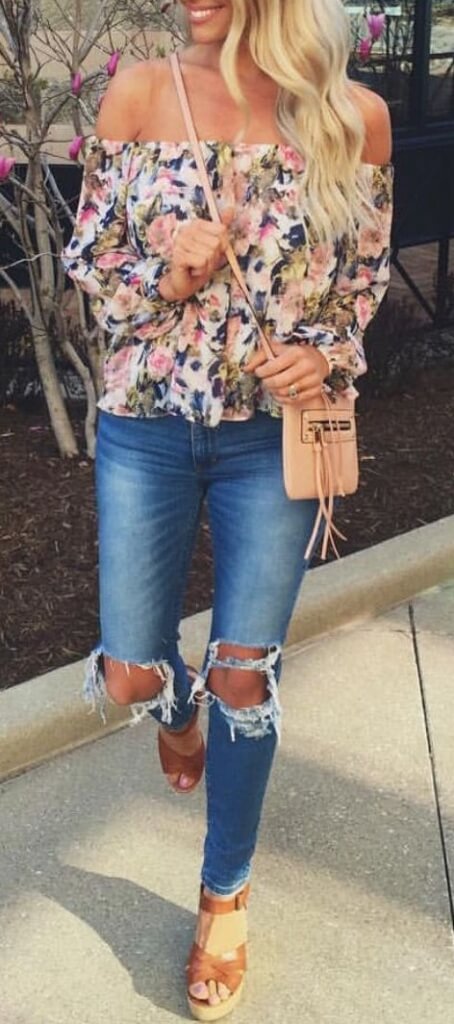 flower top and ripped jeans