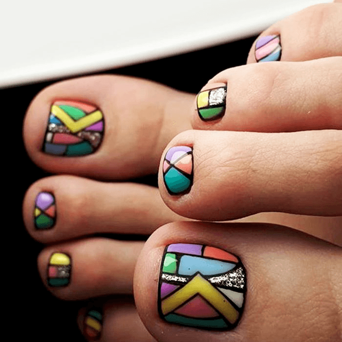 Colorful Geomteric Toe Nail Design