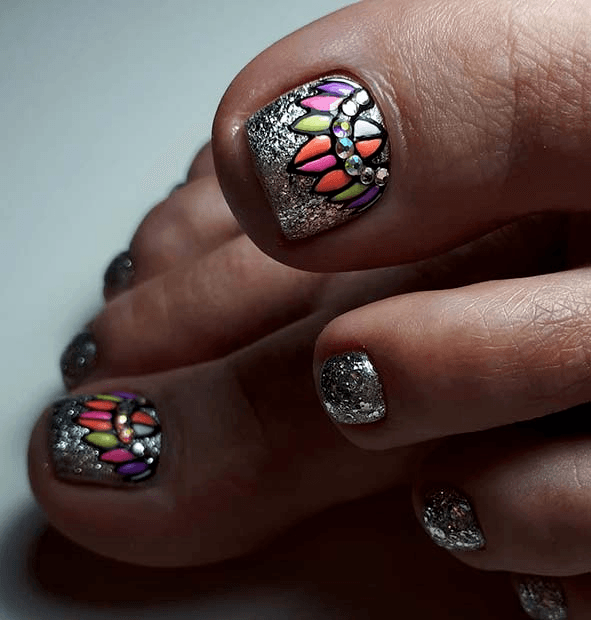 Silver Glitter Toe Nail Design